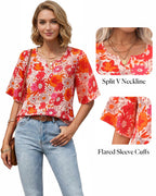MANGOPOP Boho Floral V-Neck 3/4-sleeve Tunic Sunflower Top Sunflower