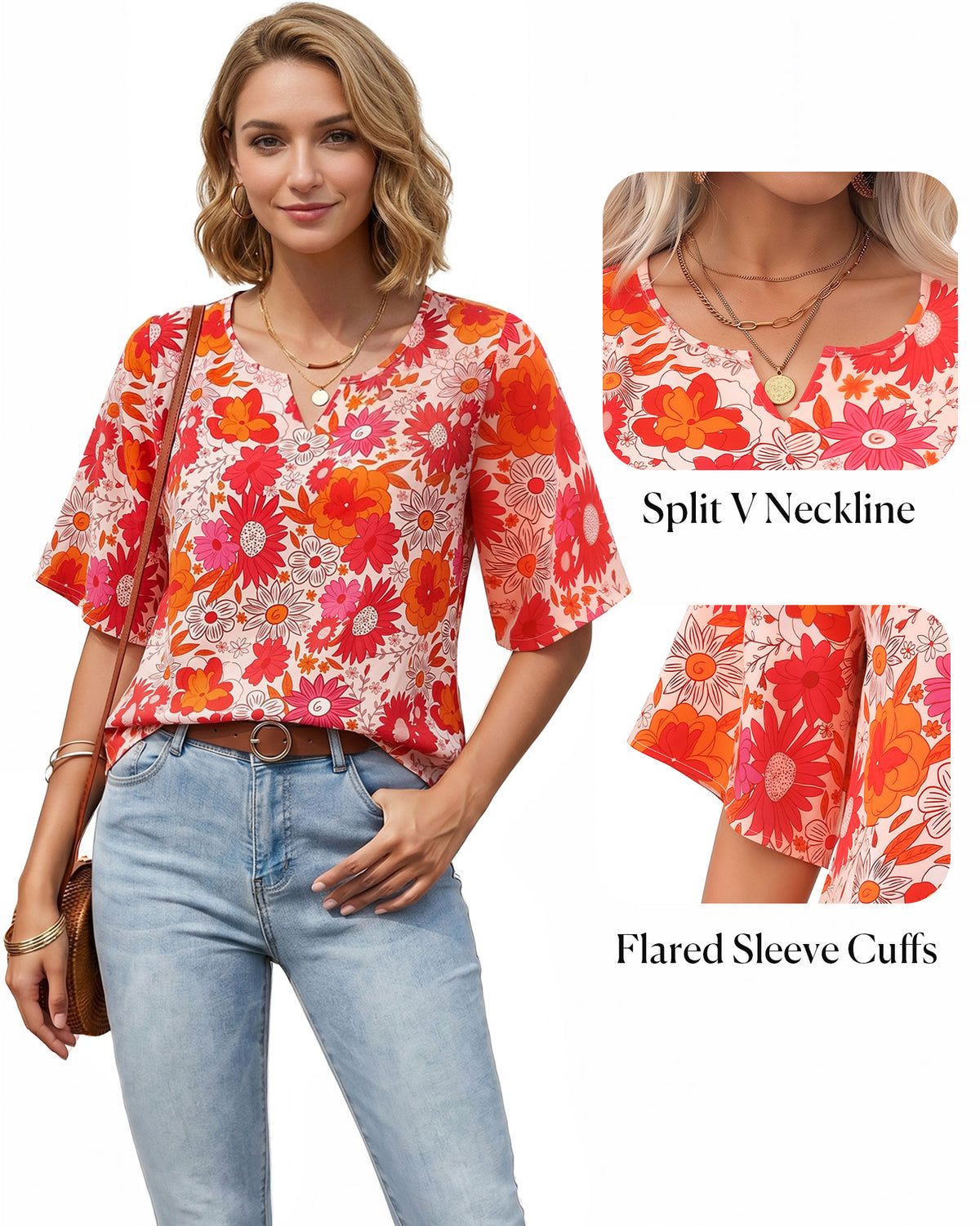 MANGOPOP Boho Floral V-Neck 3/4-sleeve Tunic Sunflower Top Sunflower