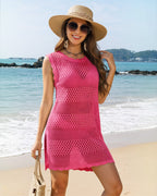 MANGOPOP Crochet Bathing Suit Coverups Mesh Knit Swim Cover-Up Rose Pink