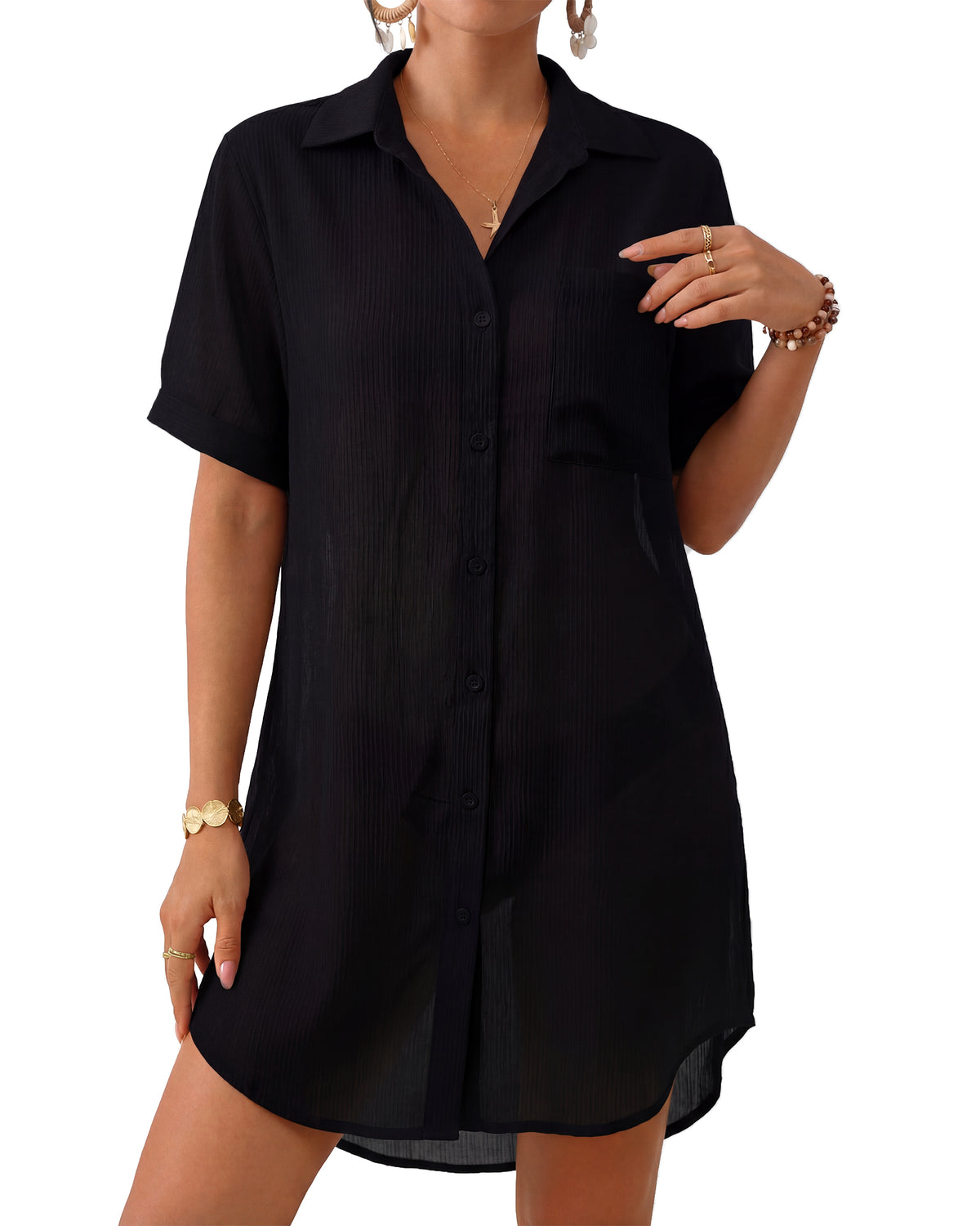MANGOPOP Button-Down Swim Cover-Up Black