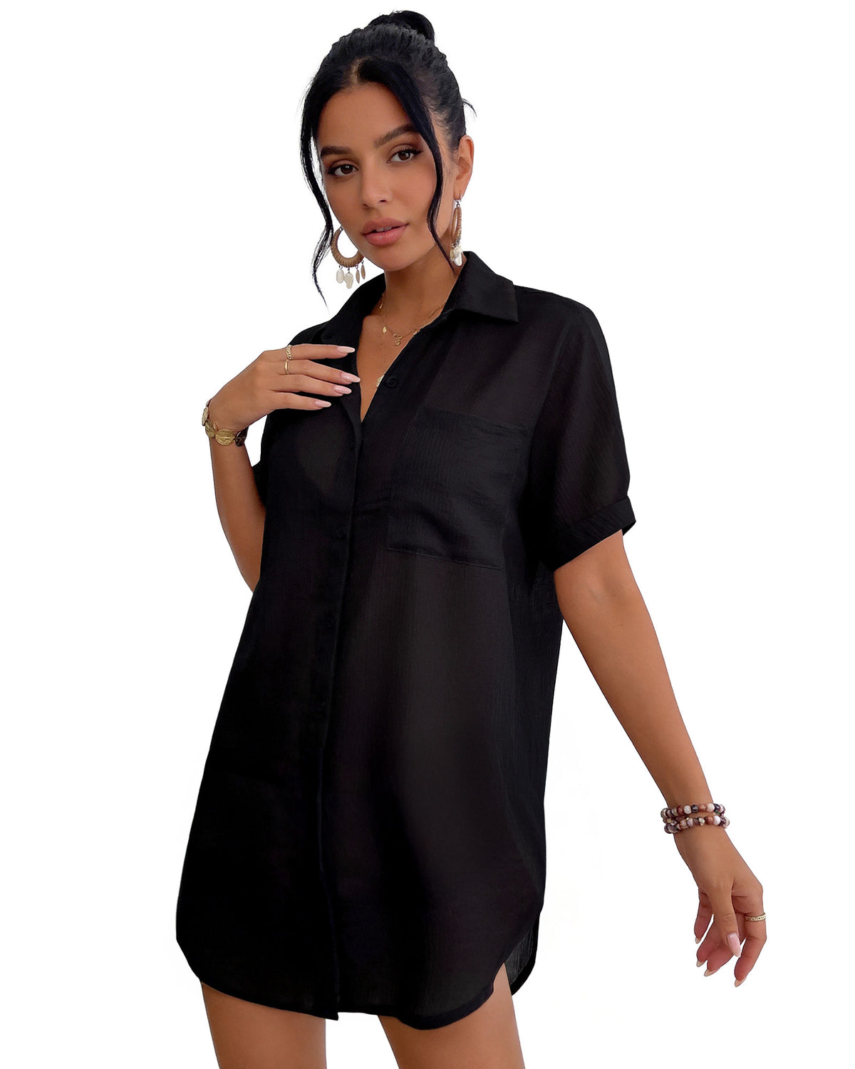 MANGOPOP Button-Down Swim Cover-Up Black