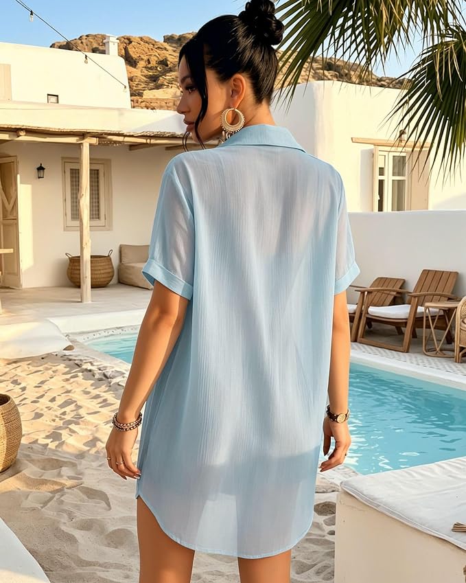 MANGOPOP Button-Down Swim Cover-Up Blue