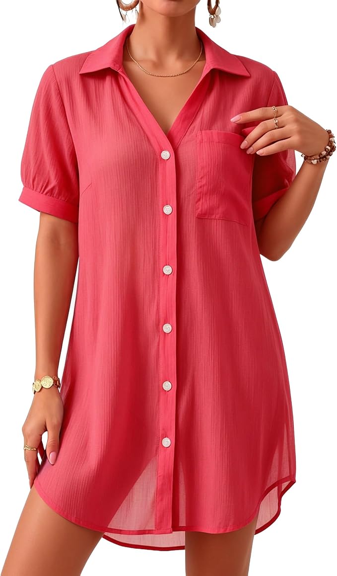 MANGOPOP Button-Down Swim Cover-Up Rose Pink