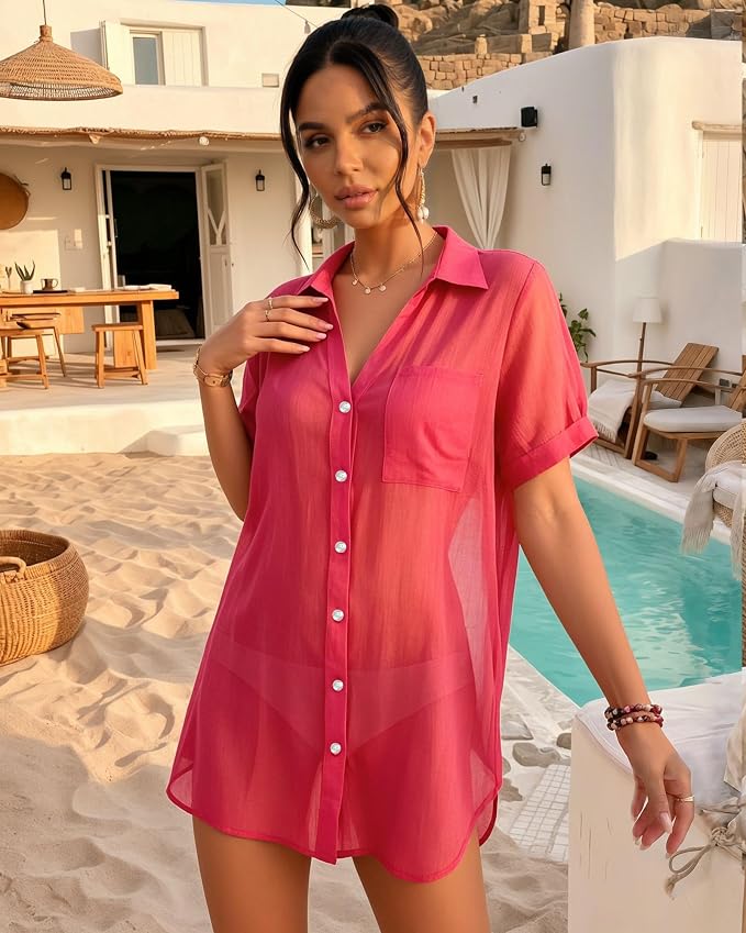 MANGOPOP Button-Down Swim Cover-Up Rose Pink