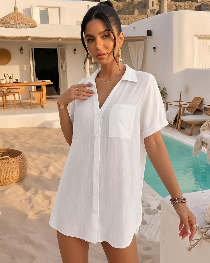 MANGOPOP Button-Down Swim Cover-Up White