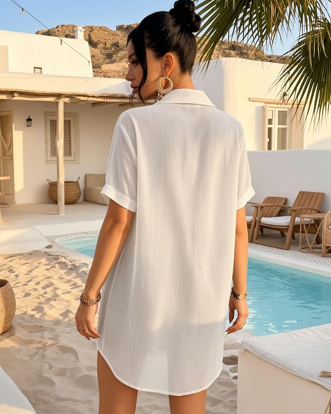 MANGOPOP Button-Down Swim Cover-Up White