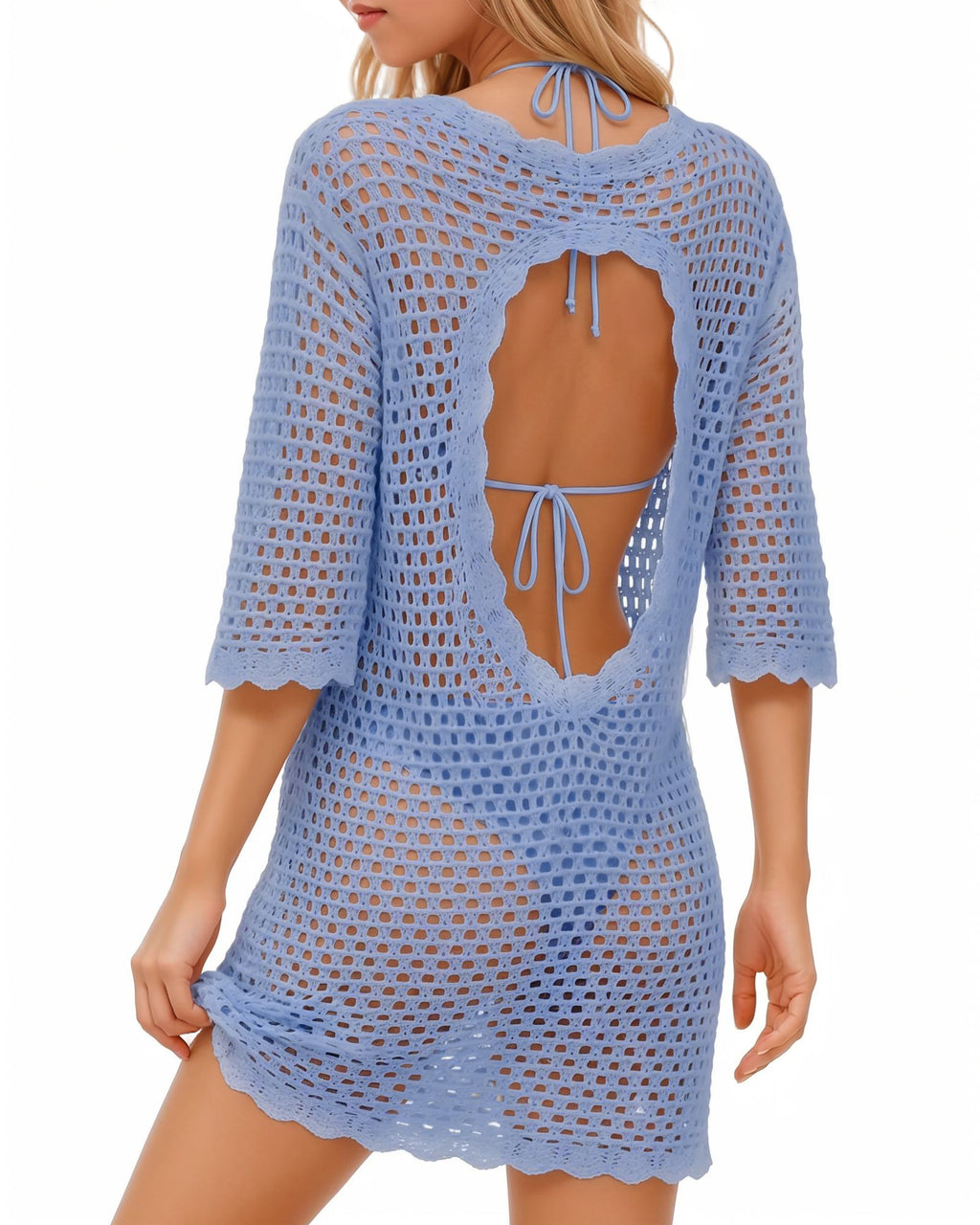 MANGOPOP Crochet V-Neck Swim Cover-Up Sea Blue