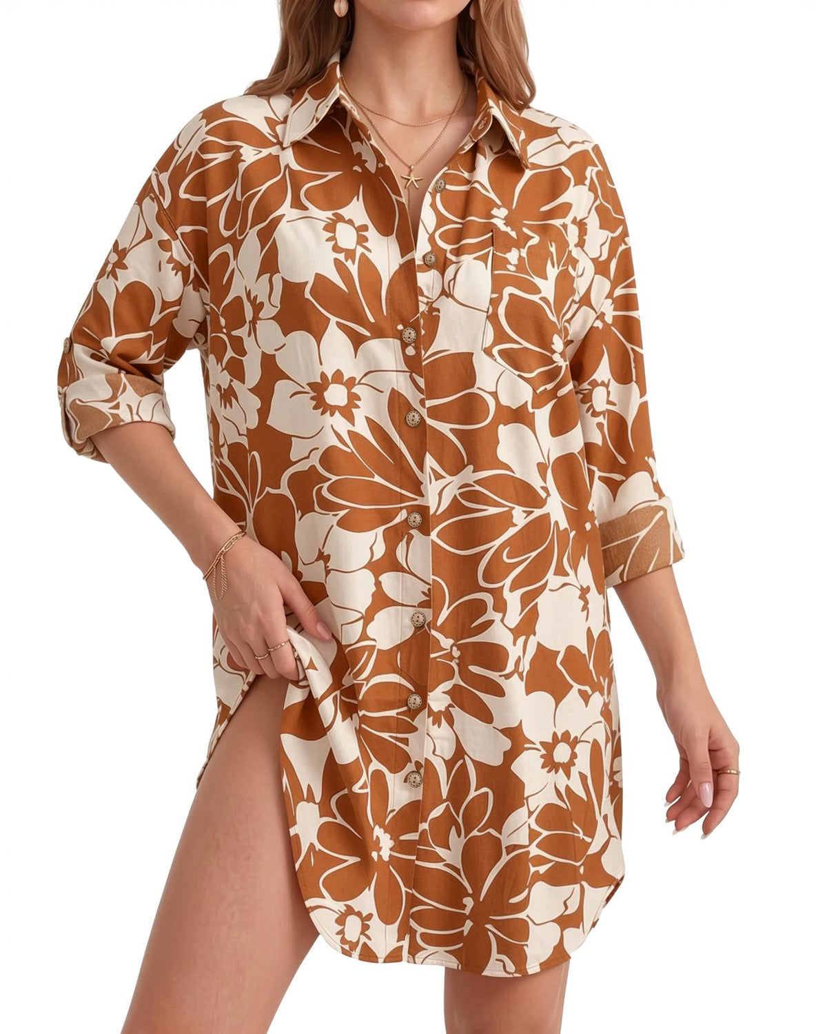 MANGOPOP Button-Down Floral Dress Swim Cover-Up Brown Flower