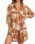 MANGOPOP Button-Down Floral Dress Swim Cover-Up Brown Flower
