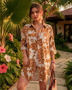 MANGOPOP Button-Down Floral Dress Swim Cover-Up Brown Flower