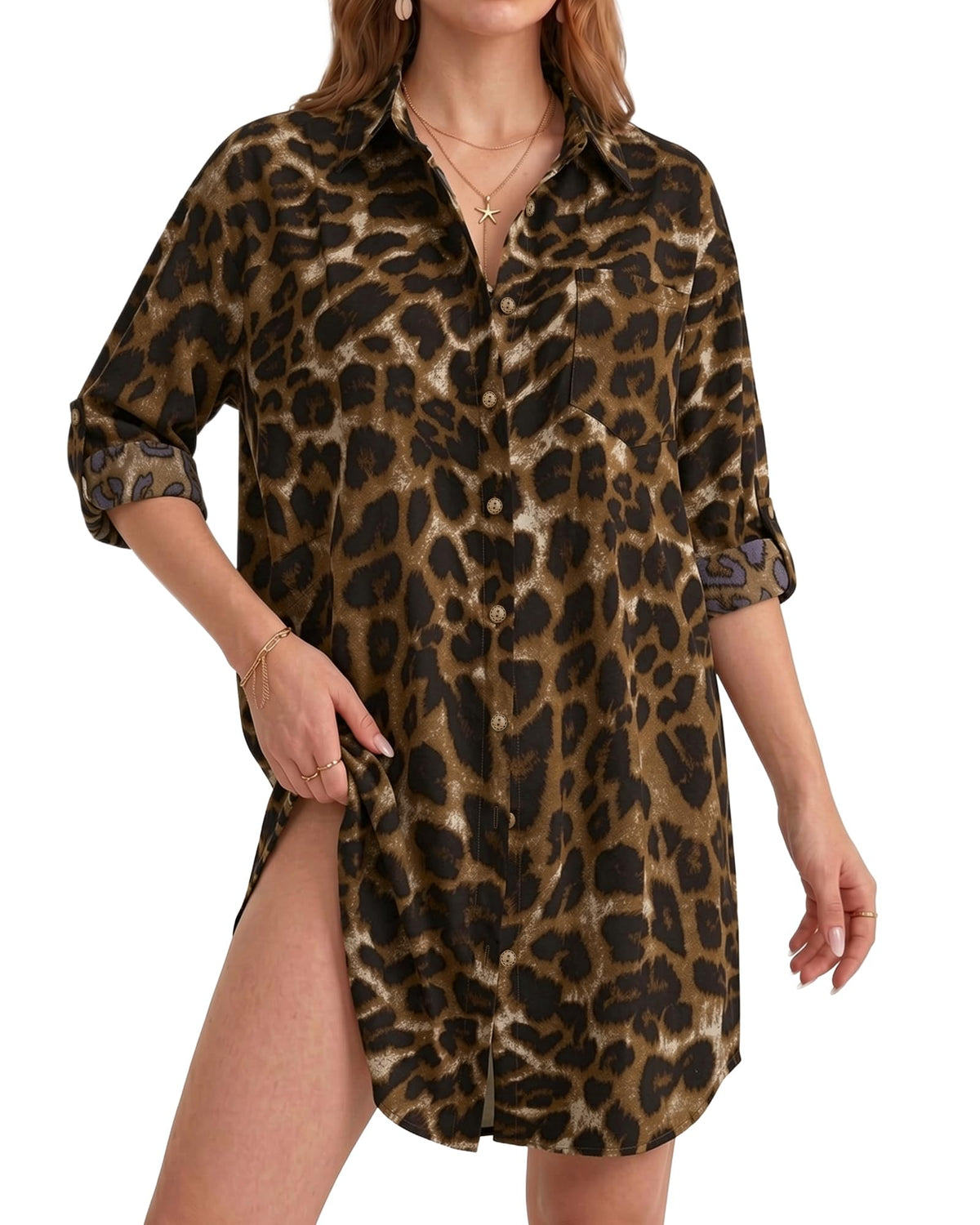 MANGOPOP Button-Down Floral Dress Swim Cover-Up Brown Leopard