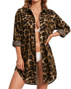 MANGOPOP Button-Down Floral Dress Swim Cover-Up Brown Leopard