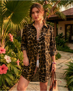 MANGOPOP Button-Down Floral Dress Swim Cover-Up Brown Leopard