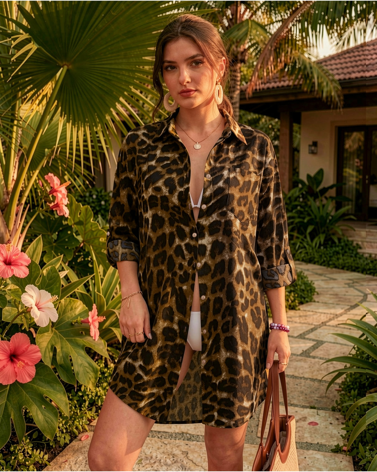 MANGOPOP Button-Down Floral Dress Swim Cover-Up Brown Leopard