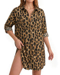 MANGOPOP Button-Down Floral Dress Swim Cover-Up Leopard