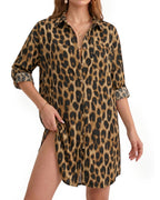 MANGOPOP Button-Down Floral Dress Swim Cover-Up Leopard