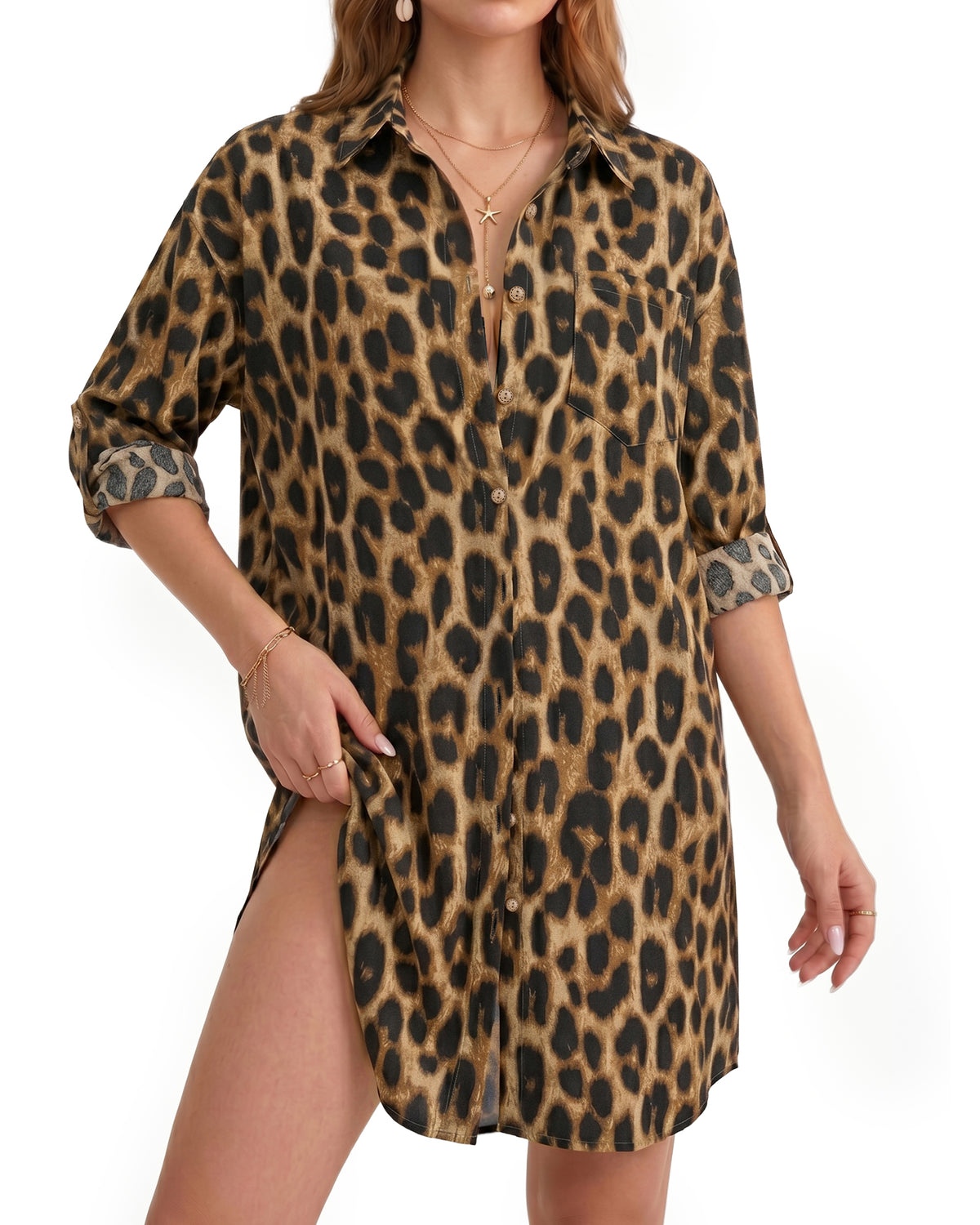 MANGOPOP Button-Down Floral Dress Swim Cover-Up Leopard