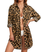MANGOPOP Button-Down Floral Dress Swim Cover-Up Leopard