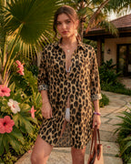 MANGOPOP Button-Down Floral Dress Swim Cover-Up Leopard