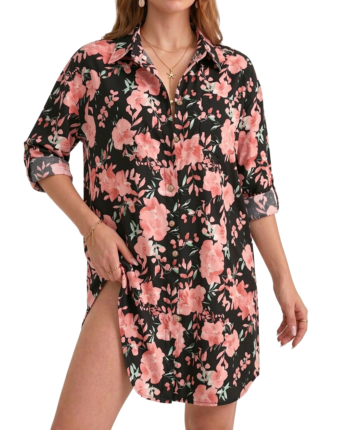 MANGOPOP Button-Down Floral Dress Swim Cover-Up Pink Flower