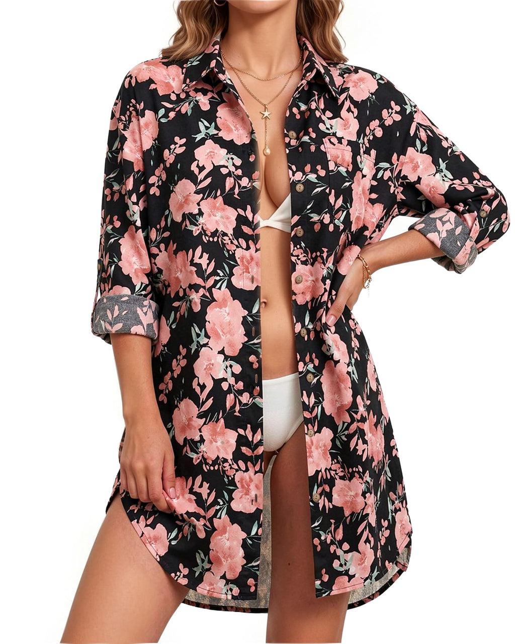MANGOPOP Button-Down Floral Dress Swim Cover-Up Pink Flower