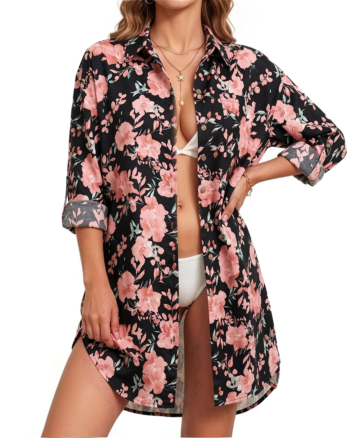 MANGOPOP Button-Down Floral Dress Swim Cover-Up Pink Flower