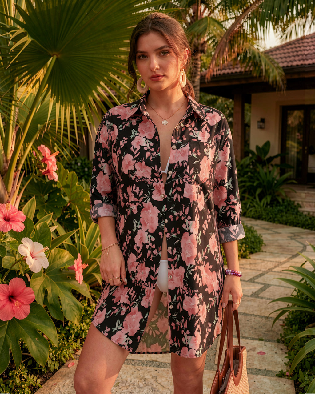 MANGOPOP Button-Down Floral Dress Swim Cover-Up Pink Flower
