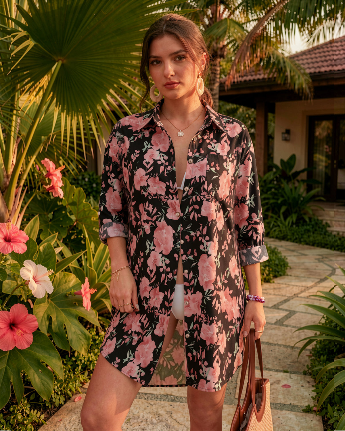 MANGOPOP Button-Down Floral Dress Swim Cover-Up Pink Flower