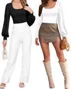MANGOPOP Square Neck Puff Sleeve Bodysuit Loose Lantern Long Sleeve Body Suit for Women for Going Out