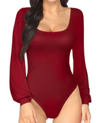 MANGOPOP Square Neck Puff Sleeve Bodysuit Loose Lantern Long Sleeve Body Suit for Women for Going Out