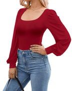 MANGOPOP Square Neck Puff Sleeve Bodysuit Loose Lantern Long Sleeve Body Suit for Women for Going Out