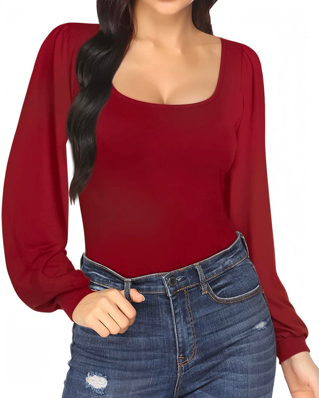 MANGOPOP Square Neck Puff Sleeve Bodysuit Loose Lantern Long Sleeve Body Suit for Women for Going Out