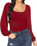 MANGOPOP Square Neck Puff Sleeve Bodysuit Loose Lantern Long Sleeve Body Suit for Women for Going Out