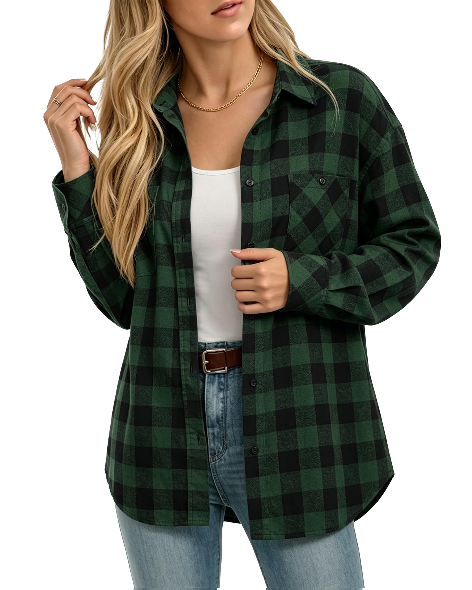MANGOPOP Year-Round Flannel Shirt for Women - Lightweight Oversized Long Sleeve Button Down Plaid for Effortless Layering