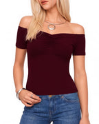 MANGOPOP Off The Shoulder Tops for Women Ruched Short Sleeve Going Out Shirt Cute Casual Basic Summer Outfits 2026