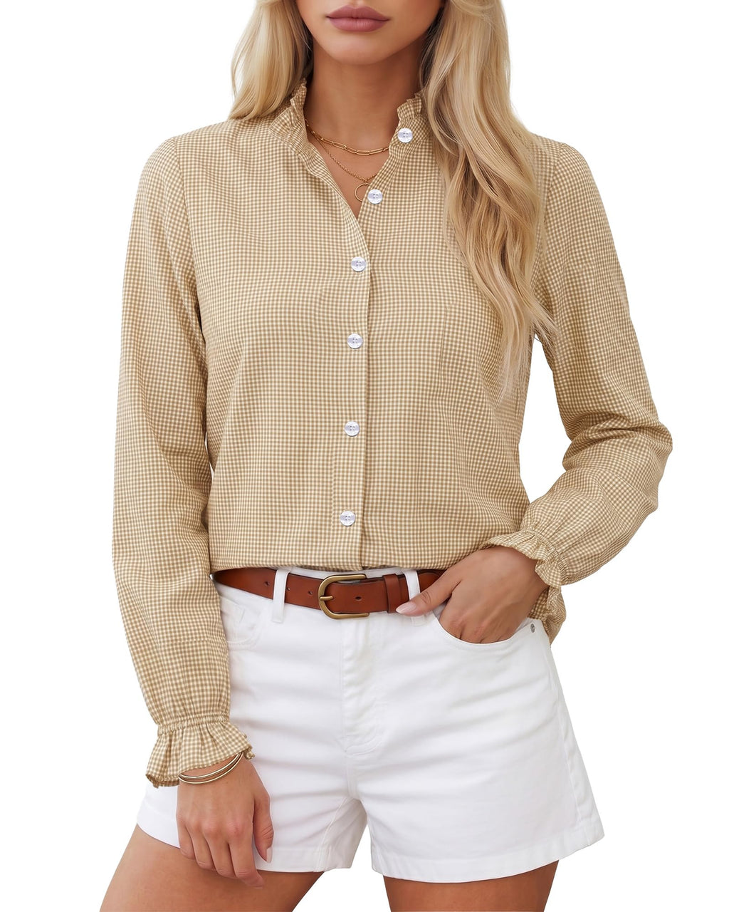 MANGOPOP Button Down Shirts for Women Long Sleeve Plaid Shirts Ruffle Blouses Business Casual Gingham Tops 2026 Trendy Outfit