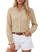 MANGOPOP Button Down Shirts for Women Long Sleeve Plaid Shirts Ruffle Blouses Business Casual Gingham Tops 2026 Trendy Outfit