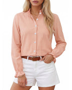 MANGOPOP Button Down Shirts for Women Long Sleeve Plaid Shirts Ruffle Blouses Business Casual Gingham Tops 2026 Trendy Outfit