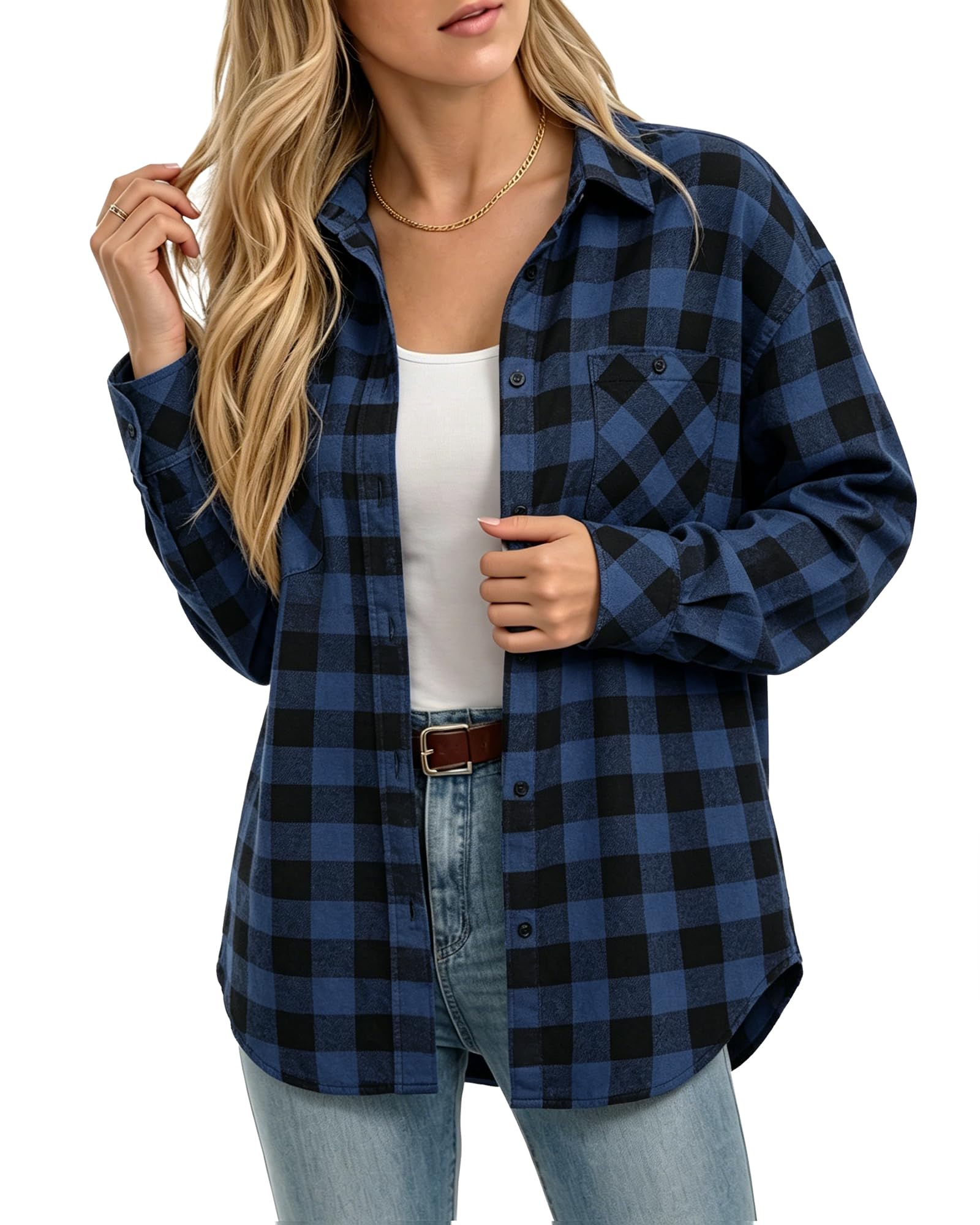 MANGOPOP Year-Round Flannel Shirt for Women - Lightweight Oversized Long Sleeve Button Down Plaid for Effortless Layering