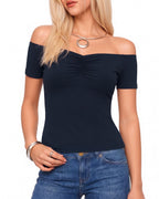MANGOPOP Off The Shoulder Tops for Women Ruched Short Sleeve Going Out Shirt Cute Casual Basic Summer Outfits 2026