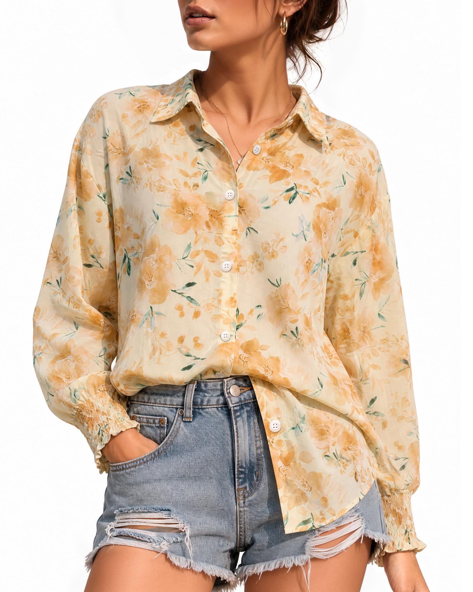 MANGOPOP Womens Floral Blouses Dressy Casual V Neck Button Down Shirts 2026 Boho Tops Fashion Clothing