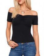 MANGOPOP Off The Shoulder Tops for Women Ruched Short Sleeve Going Out Shirt Cute Casual Basic Summer Outfits 2026