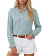 MANGOPOP Button Down Shirts for Women Long Sleeve Plaid Shirts Ruffle Blouses Business Casual Gingham Tops 2026 Trendy Outfit