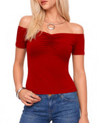 MANGOPOP Off The Shoulder Tops for Women Ruched Short Sleeve Going Out Shirt Cute Casual Basic Summer Outfits 2026