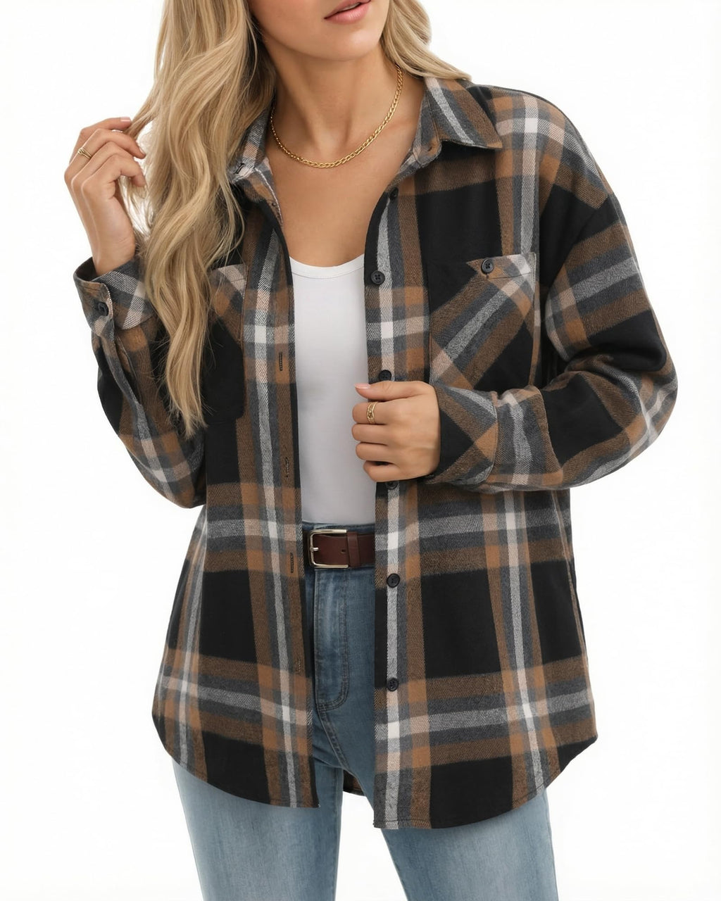 MANGOPOP Year-Round Flannel Shirt for Women - Lightweight Oversized Long Sleeve Button Down Plaid for Effortless Layering