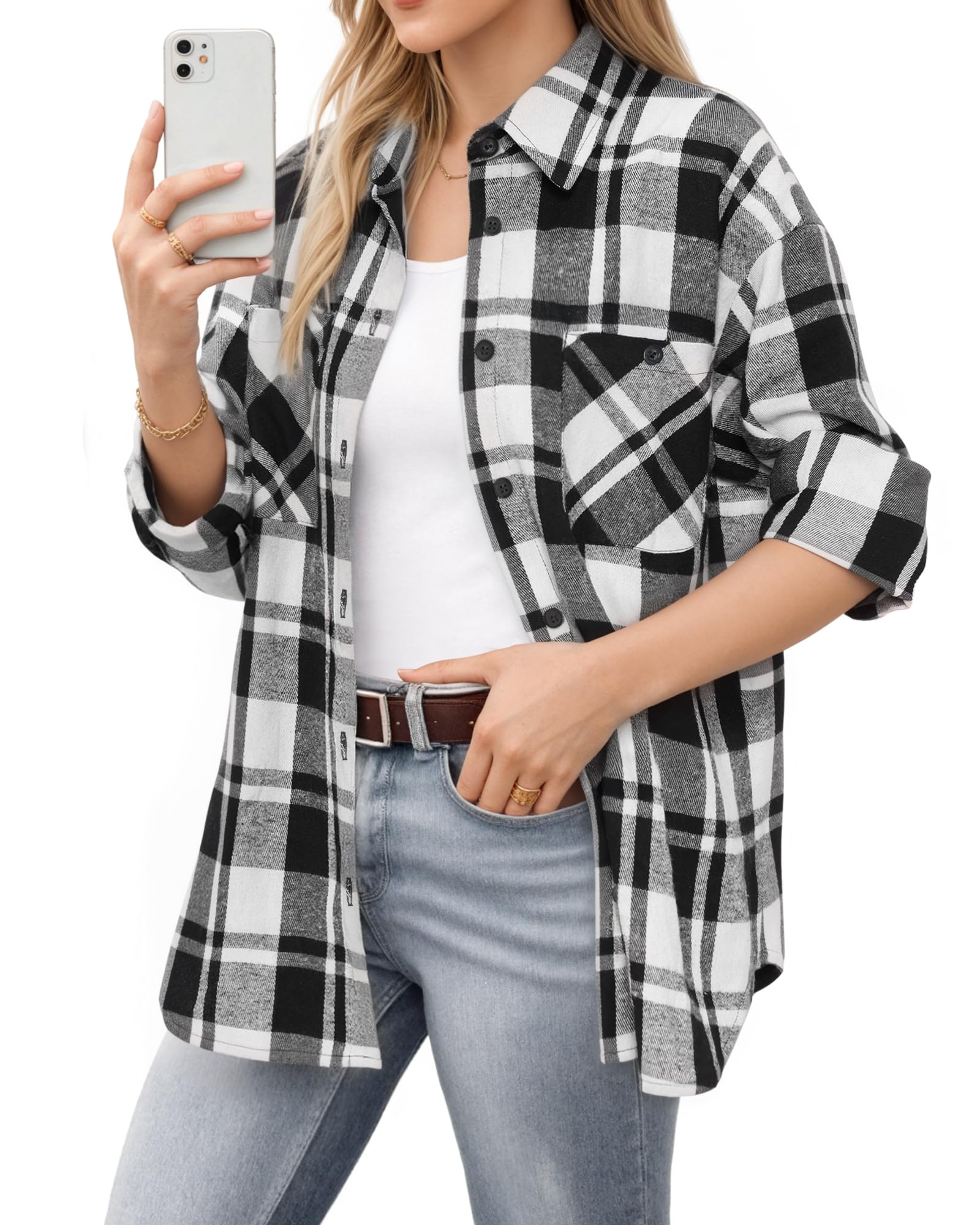 MANGOPOP Year-Round Flannel Shirt for Women - Lightweight Oversized Long Sleeve Button Down Plaid for Effortless Layering
