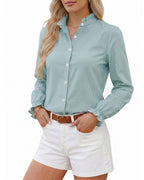 MANGOPOP Button Down Shirts for Women Long Sleeve Plaid Shirts Ruffle Blouses Business Casual Gingham Tops 2026 Trendy Outfit