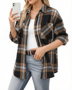 MANGOPOP Year-Round Flannel Shirt for Women - Lightweight Oversized Long Sleeve Button Down Plaid for Effortless Layering