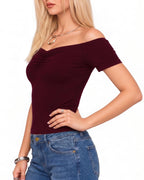 MANGOPOP Off The Shoulder Tops for Women Ruched Short Sleeve Going Out Shirt Cute Casual Basic Summer Outfits 2026