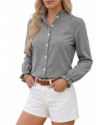 MANGOPOP Button Down Shirts for Women Long Sleeve Plaid Shirts Ruffle Blouses Business Casual Gingham Tops 2026 Trendy Outfit